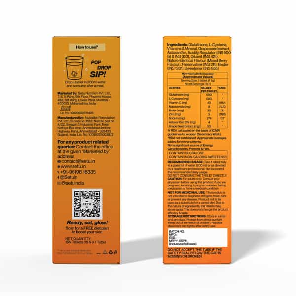 Setu Skin Renew - 15 Effervescent Tablets Mixed Berry & Orange Flavour | Glutathione With Vitamin C