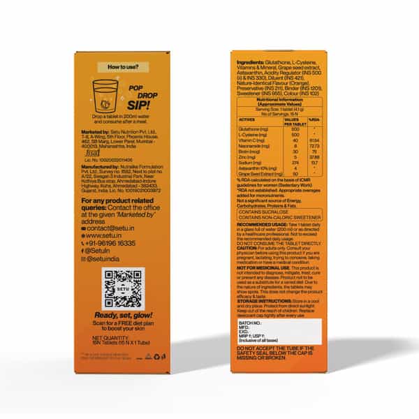 Setu Skin Renew - 15 Effervescent Tablets Mixed Berry & Orange Flavour | Glutathione With Vitamin C