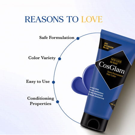 Cosglam Semi Permanent Hair Color | No Peroxide | Ammonia Free Hair Colour 51 Wonder Blue - 120gm
