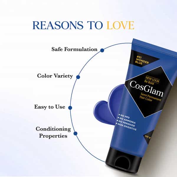 Cosglam Semi Permanent Hair Color | No Peroxide | Ammonia Free Hair Colour 51 Wonder Blue - 120Gm