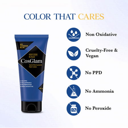 Cosglam Semi Permanent Hair Color | No Peroxide | Ammonia Free Hair Colour 51 Wonder Blue - 120gm