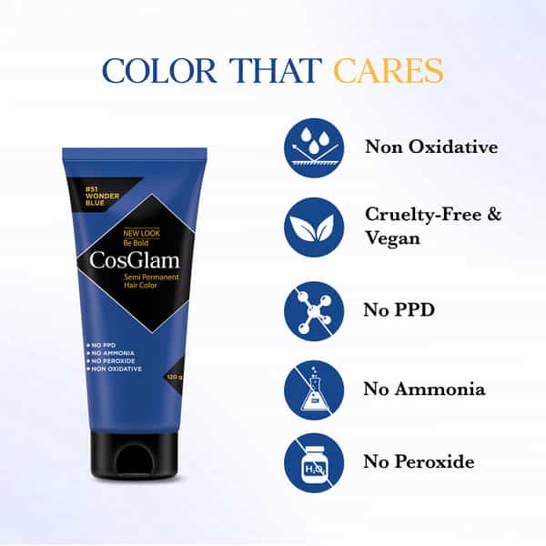 Cosglam Semi Permanent Hair Color | No Peroxide | Ammonia Free Hair Colour 51 Wonder Blue - 120Gm