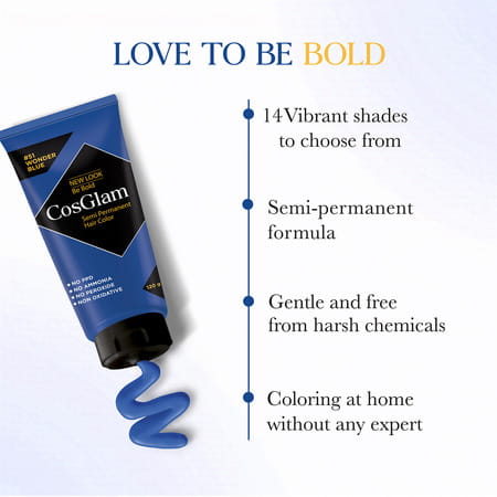 Cosglam Semi Permanent Hair Color | No Peroxide | Ammonia Free Hair Colour 51 Wonder Blue - 120gm