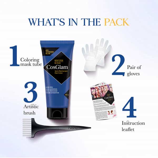 Cosglam Semi Permanent Hair Color | No Peroxide | Ammonia Free Hair Colour 51 Wonder Blue - 120Gm