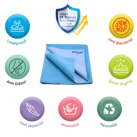 Bumtum Dry Sheet Instadry Leakproof Baby Bed Protector ( Royal Blue, Small Size 50*70cm | Pack Of 1)