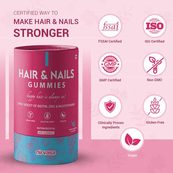 Nirvasa Hair & Nail Gummies With Biotin | Sugar-Free Biotin Gummies For Hair & Skin (60 Tablets)