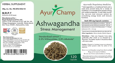 Ayur Champ - Pack Of 5 - Ashwagandha Capsules 240mg - 120 Capsules