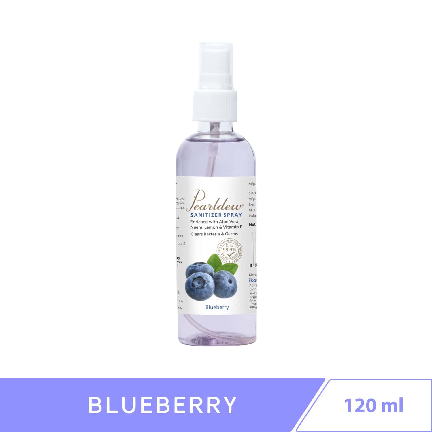 Pearldew Sanitizer Spray (blueberry) 120 Ml | Aloe & Neem | Paraben Free (pack Of 8)