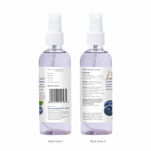 Pearldew Sanitizer Spray (Blueberry) 120 Ml | Aloe & Neem | Paraben Free (Pack Of 8)