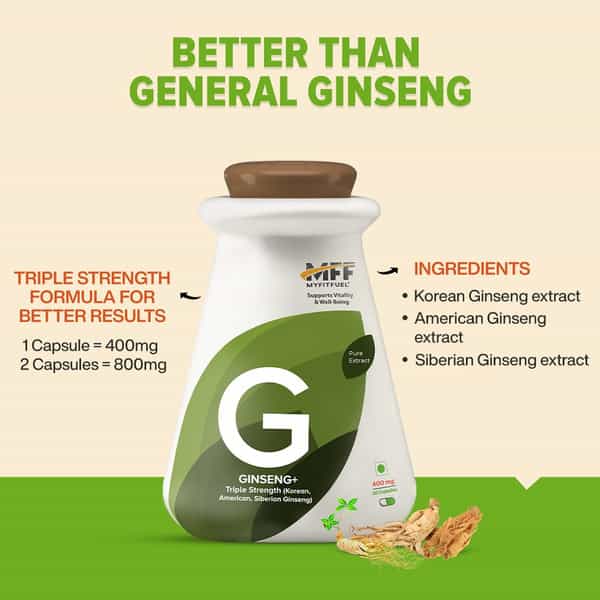 Myfitfuel Ginseng+ (Triple Strength- Korean | American & Siberian Ginseng) | (400Mg) | 180 Capsules