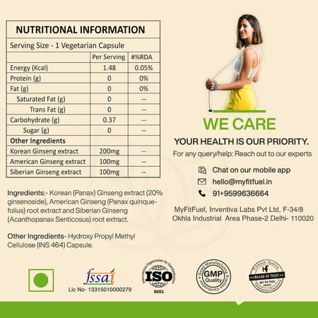 Myfitfuel Ginseng+ (Triple Strength- Korean | American & Siberian Ginseng) | (400mg) | 180 Capsules