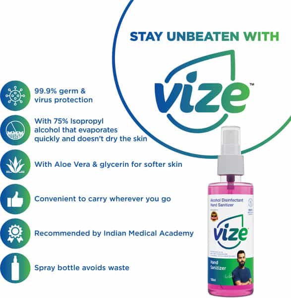 Vize Hand Sanitizer With 70% Isopropyl Alcohol Ip - 100Ml Spray