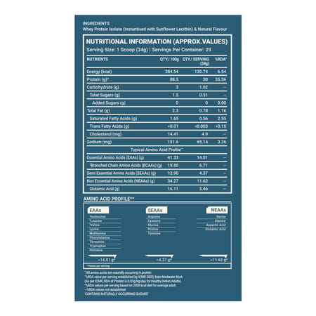 Truebasics Clean Whey 100% Protein Isolate Powder (Vanilla 1kg) | 30g Protein