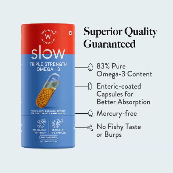 Wellbeing Nutrition Slow Triple Strength Omega-3 Fish Oil | Curcumin Extract For Brain & Heart 60N