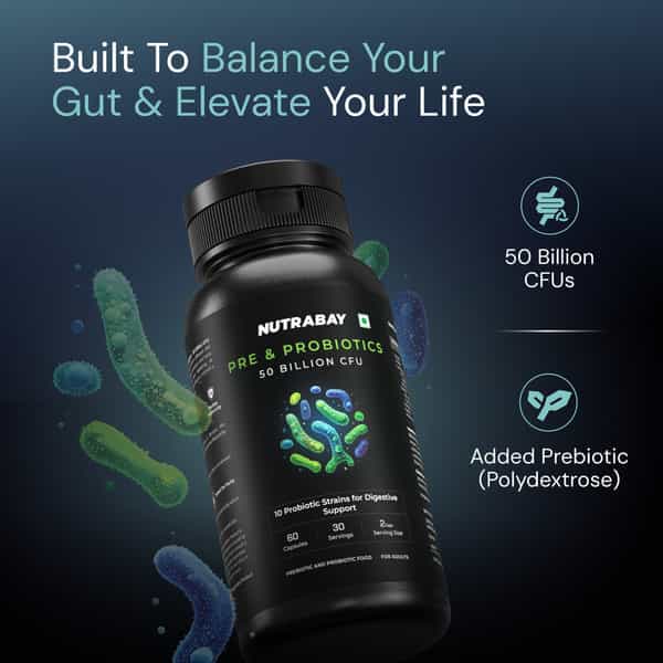 Nutrabay Wellness Pre & Probiotic Digestive Support 50 Billion Cfus - 60 Veg Capsules