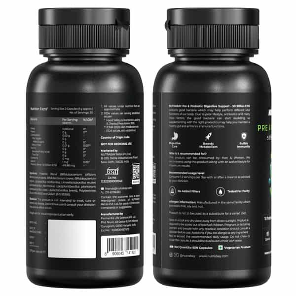 Nutrabay Wellness Pre & Probiotic Digestive Support 50 Billion Cfus - 60 Veg Capsules
