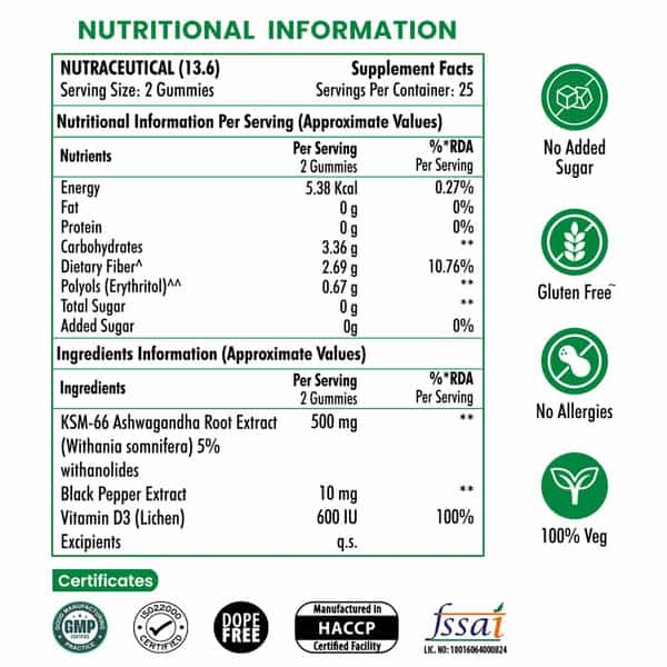 Naturyz Ashwagandha Gummies With Ksm 66 Ashwagandha Vitamin D3 For Immunity - 50 Gummies (Orange)