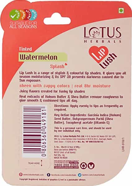 Lotus Herbal Lip Lush Tinted Watermelon Splash Lip Balm 4 Gm