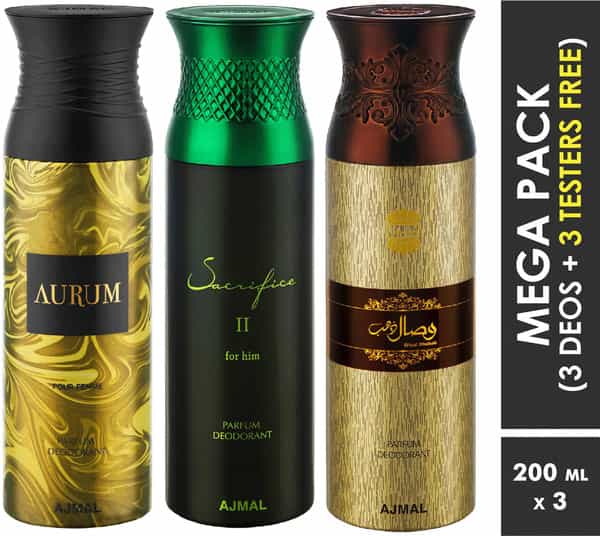 Ajmal Aurum & Sacrifice Ii & Wisal Dahab Deodorant Perfume - For Men & Women (200 Ml Pack Of 3)