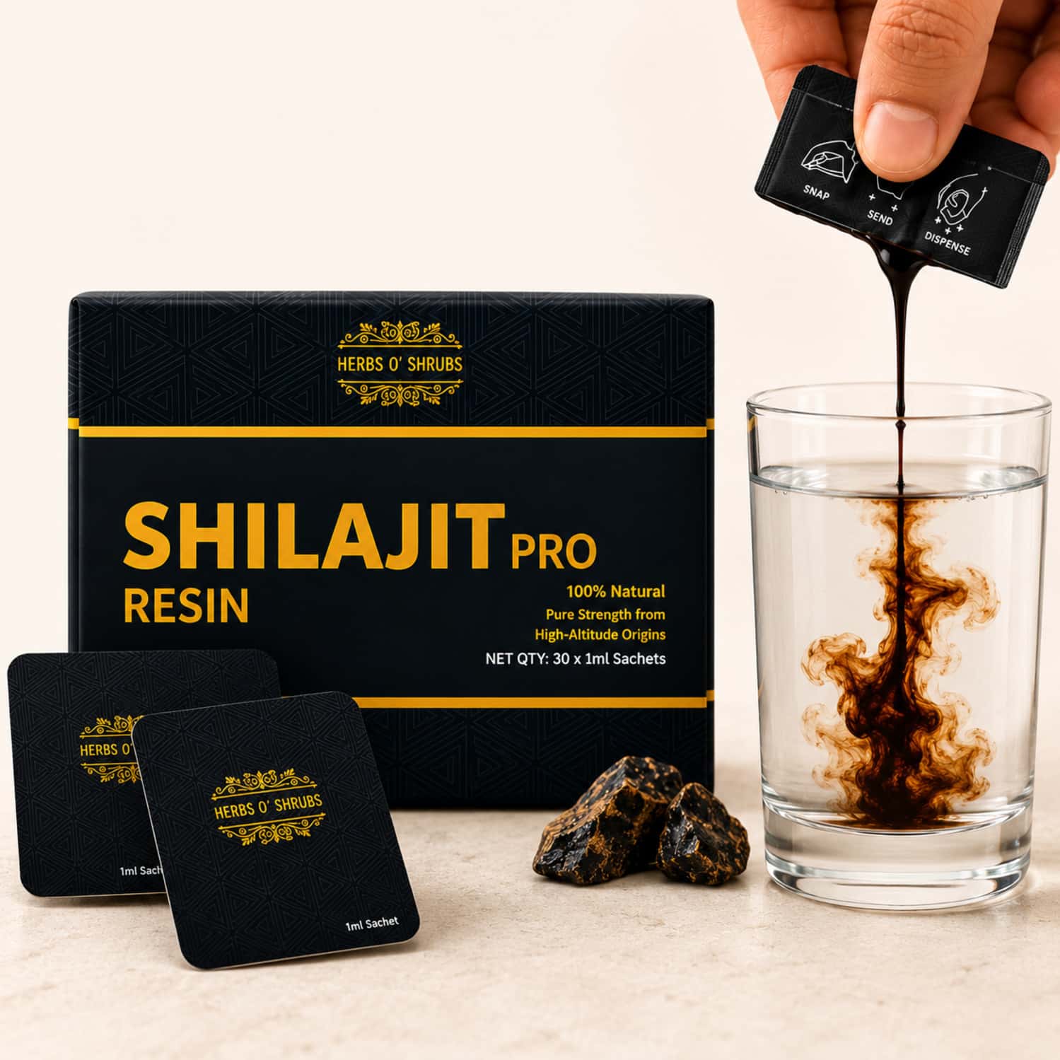 Herbs O' Shrubs Shilajit Pro Snap Sachet | Ayurvedic Resin For Energy | 30 Sachets