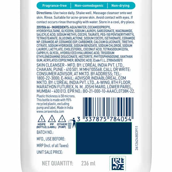 Cerave Blemish Control Cleanser With 2% Salicylic Acid & Niacinamide For Acne-Prone Skin 236Ml