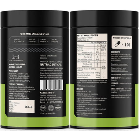 Myfitfuel Omega 3 6 9 (Flax Seed Oil) | Cold Pressed | 1000mg | 120 Softgels