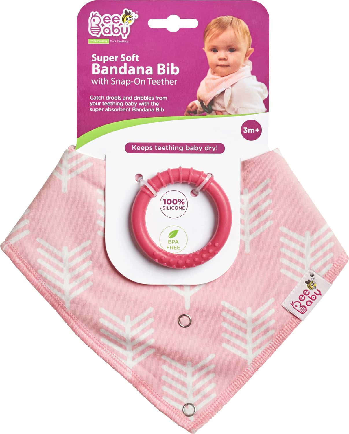 Beebaby Super Soft Bandana Bib With Snap-On Teether. ( Baby Pink - Arrow ) 3m+