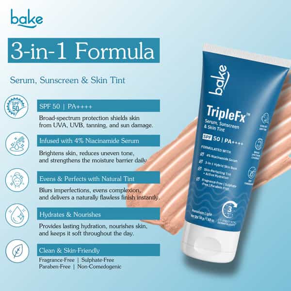 Bake Triplefx 3-In-1 Tinted Sunscreen Spf 50 Pa++++ | Uv Protection | Porcelain Light | 50G
