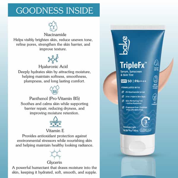 Bake Triplefx 3-In-1 Tinted Sunscreen Spf 50 Pa++++ | Uv Protection | Porcelain Light | 50G