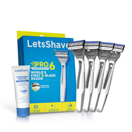 Letsshave Pro 6 Portable Razor For Men, Pack Of 4 Razor + 1 Transparent Shave Gel 15ml