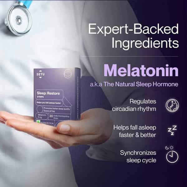 Setu Melatonin 5Mg - 30 Orally Dissolving Strips (Pack Of 2) + Eye Mask | Tasty Mint Flavour