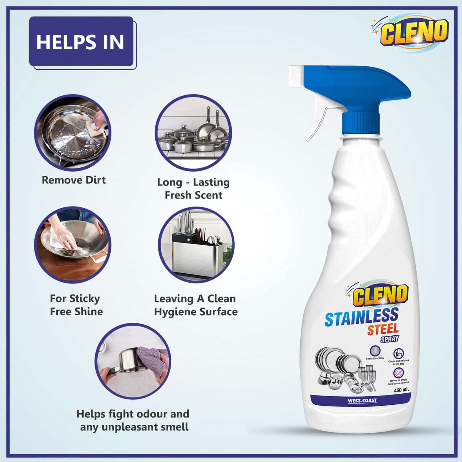 Buy CLENO STAINLESS STEEL CLEANER SPRAY CLEANS STAINLESS STEEL SURFACES