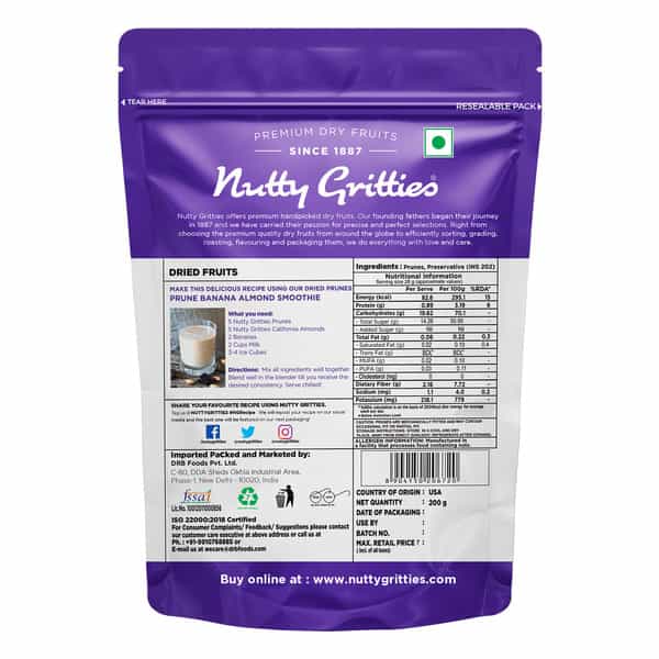 Nutty Gritties California Pitted Prunes| Dried Fruit Plums - 200G