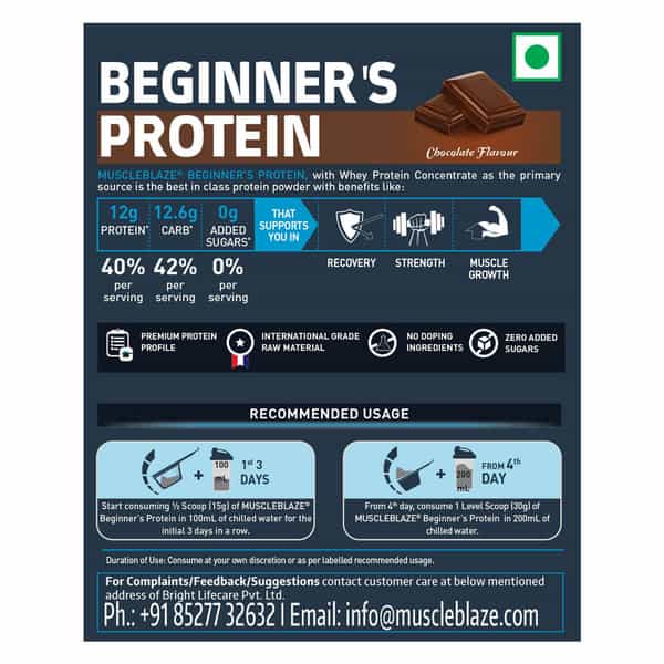 Muscleblaze Beginner's Whey Protein, No Added Sugar, Faster Muscle Recovery (Chocolate, 750 G/1.6Lb)