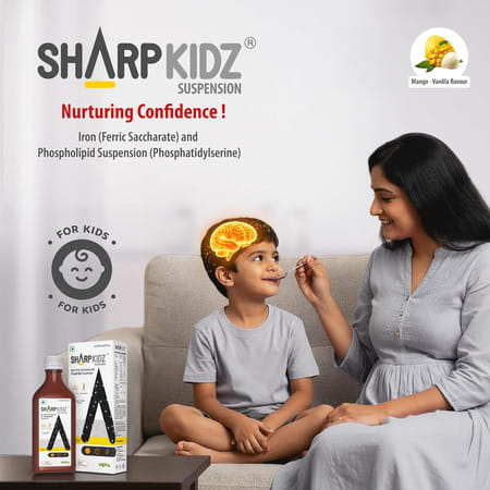 Sharpkidz Brain Development & Focus Supplement For Kids | Phosphatidylserine | Mango-Vanilla 200Ml