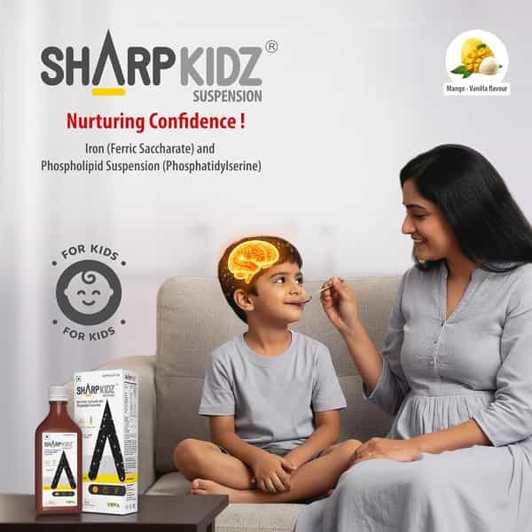 Sharpkidz Brain Development & Focus Supplement For Kids | Phosphatidylserine | Mango-Vanilla 200Ml