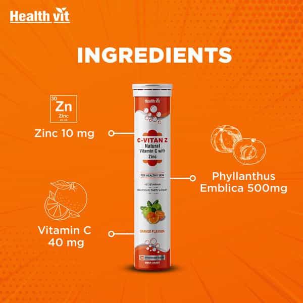 Healthvit C-Vitan-Z Natural Vitamin C 500Mg And Zinc ( Orange Flavour ) - 20 Effervescent Tablets