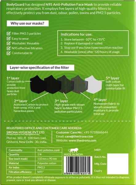Bodyguard N95 + Pm2.5 Anti Pollution Face Mask With Valve And Activated Carbon - Small