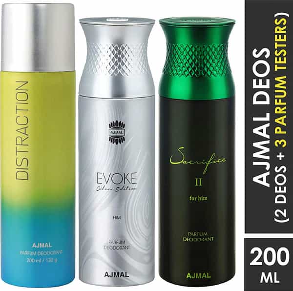 Ajmal 1 Distraction 1 Ajmal Evoke Silver Edition For Him 1 Sacrifice Ii For Him Deo Pack Of 3