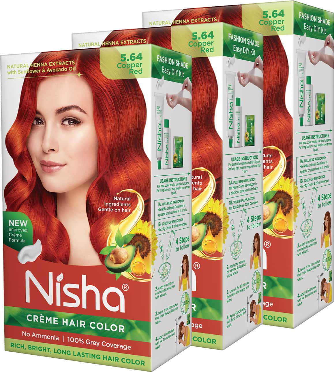 Nisha Creme Hair Color 5.64 Copper Red 120g Pack Of 3, Ammonia Free Hair Colour, 100% Grey Coverage