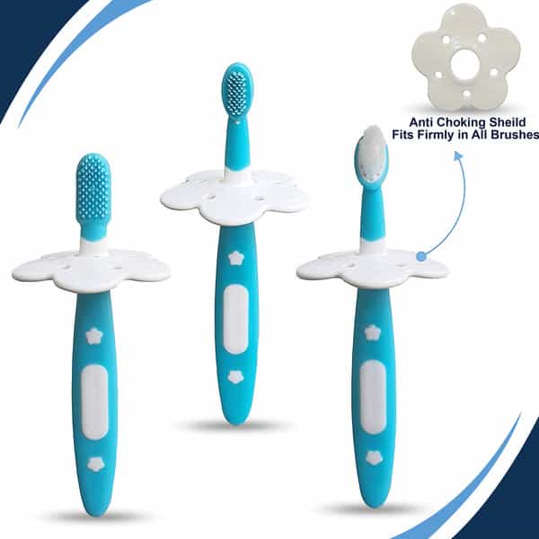 Luvlap Baby 3 Stage Training Toothbrush Set With Anti Choking Shield Baby Oral Hygiene (Blue)