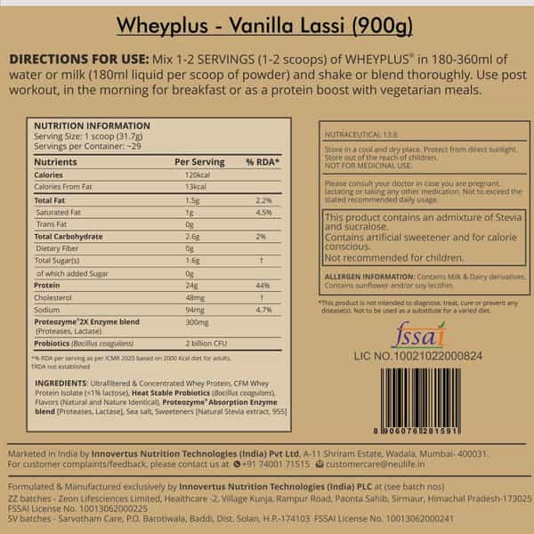 Neulife Wheyplus Gut-Friendly Grass-Fed Whey Protein Isolate Blend 2Lbs (Vanilla Lassi)