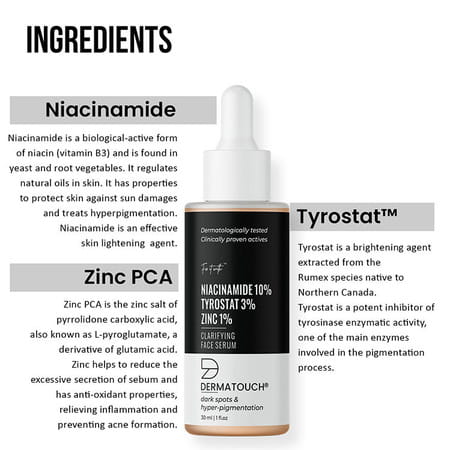 Dermatouch 10% Niacinamide | 3% Tyrostat & Zinc 1% Clarifying Face Serum - 30ml