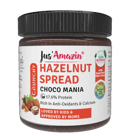 Jus Amazin Crunchy Hazelnut Spread Choco Mania -200g|Clean Nutrition|4x Less Sugar 3x More Protein
