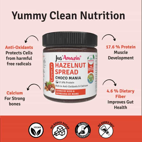 Jus Amazin Crunchy Hazelnut Spread Choco Mania -200G|Clean Nutrition|4X Less Sugar 3X More Protein