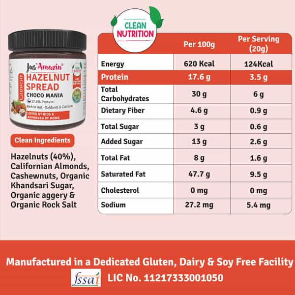 Jus Amazin Crunchy Hazelnut Spread Choco Mania -200G|Clean Nutrition|4X Less Sugar 3X More Protein
