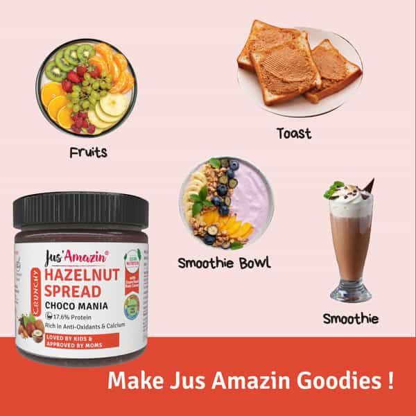 Jus Amazin Crunchy Hazelnut Spread Choco Mania -200G|Clean Nutrition|4X Less Sugar 3X More Protein