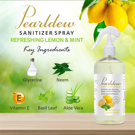 Pearldew Sanitizer Spray (Lemon & Mint) 500 Ml | Aloe & Neem | Paraben Free (Pack Of 1)