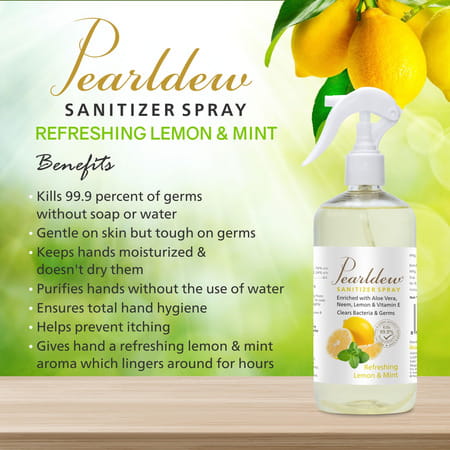Pearldew Sanitizer Spray (Lemon & Mint) 500 Ml | Aloe & Neem | Paraben Free (Pack Of 1)