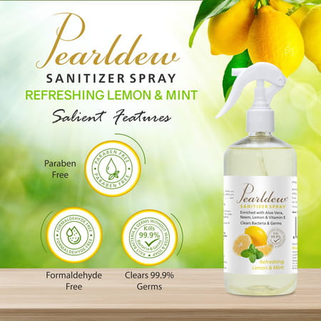 Pearldew Sanitizer Spray (Lemon & Mint) 500 Ml | Aloe & Neem | Paraben Free (Pack Of 1)